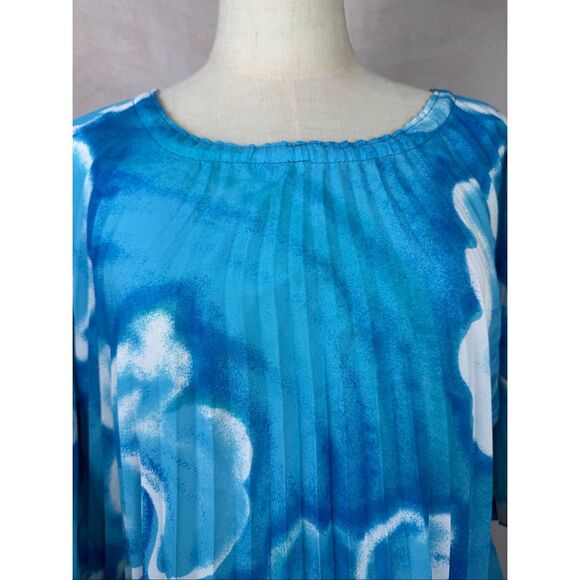 Vintage Hawaiian Kaftan Accordion Pleats Large XL Blue Floral - Picture 7 of 11